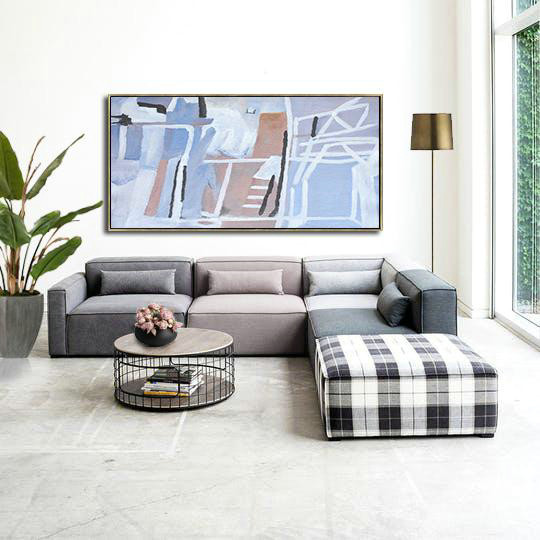 Handmade Extra Large Contemporary Painting,Hand Painted Panoramic Contemporary Art Canvas Painting,Oversized Wall Decor,Earthy Yellow,Blue.Grey,Purple.etc